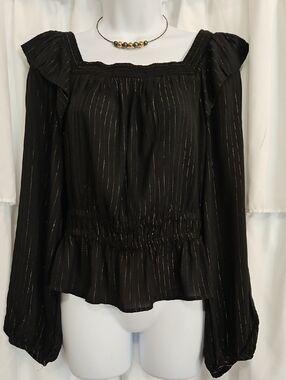 Universal Thread Black Blouse with Metallic Gold Pinstripes